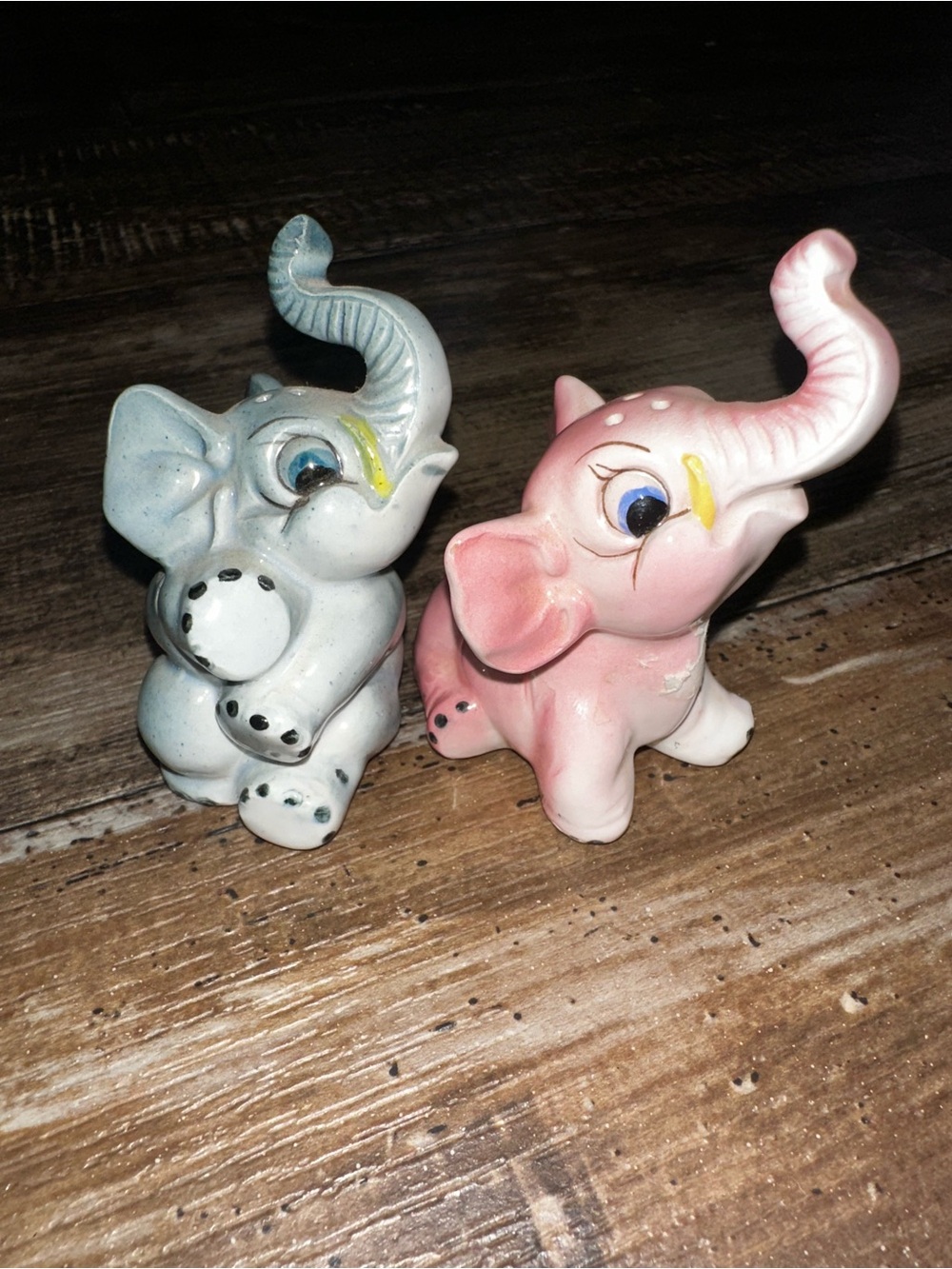 Pink and Light Blue Sitting Elephant s&p shakers